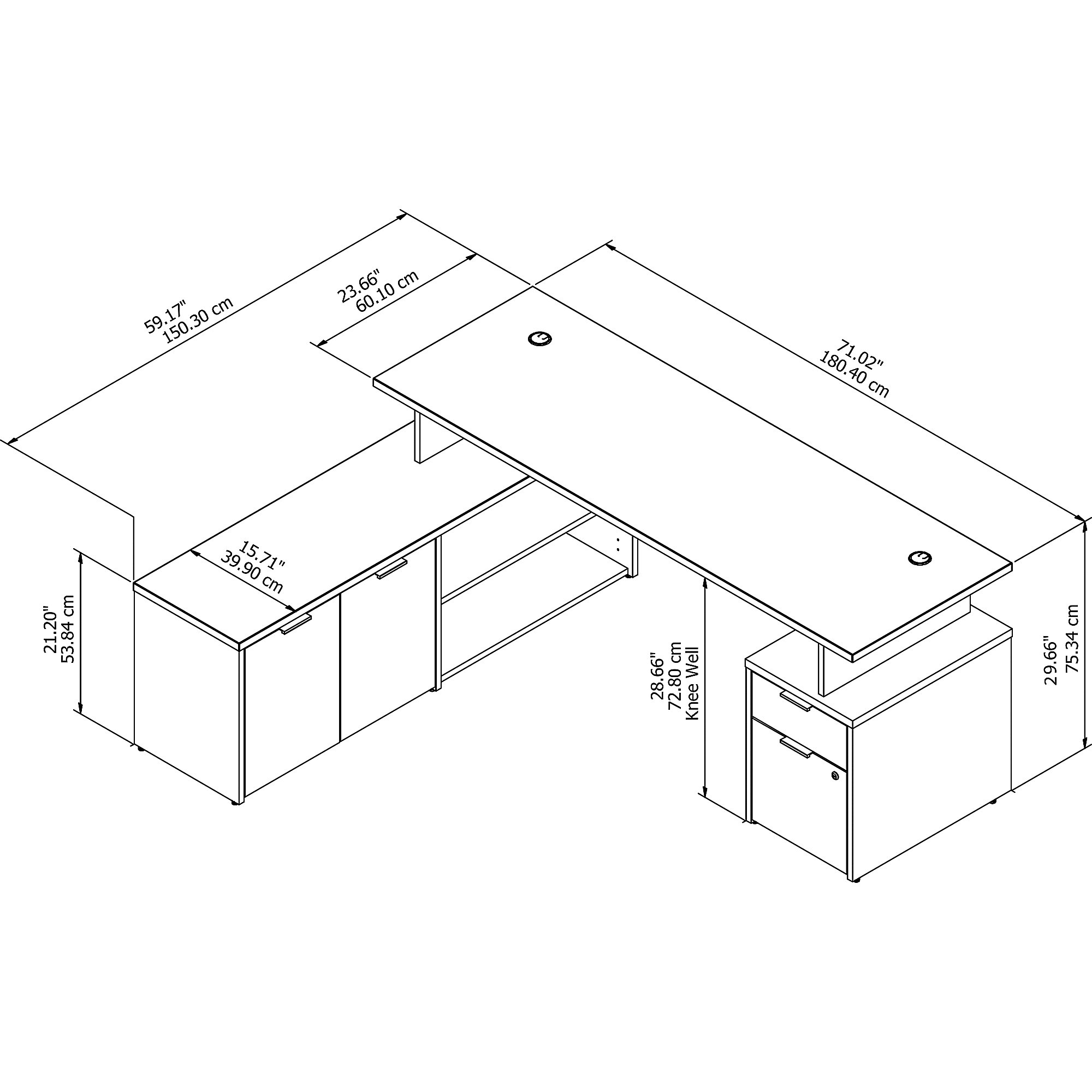 Home office furniture l shaped desk 2 drawers and cabinet dimensions 72W