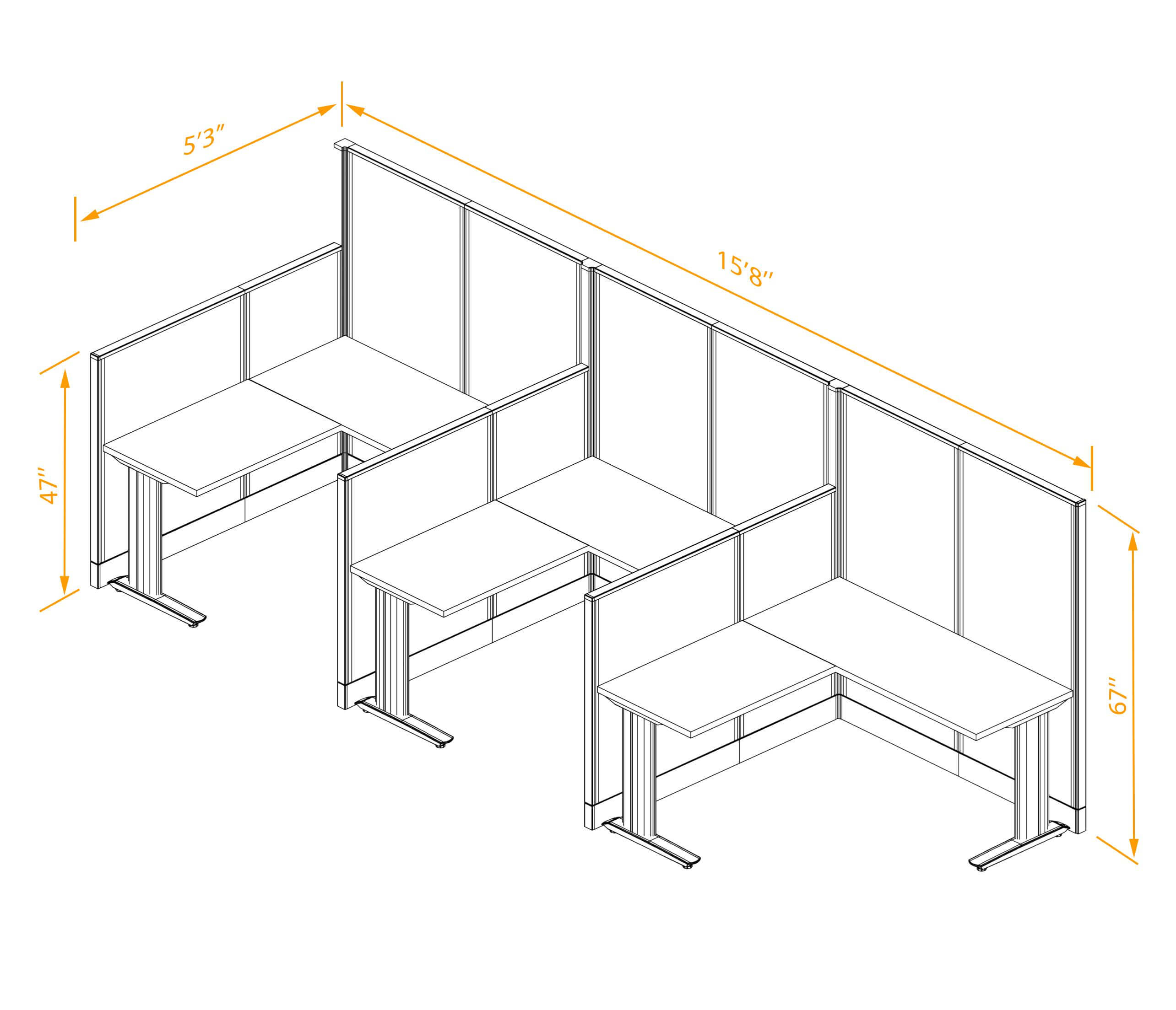 L shaped workstation 3pack inline non powered dimensions 1