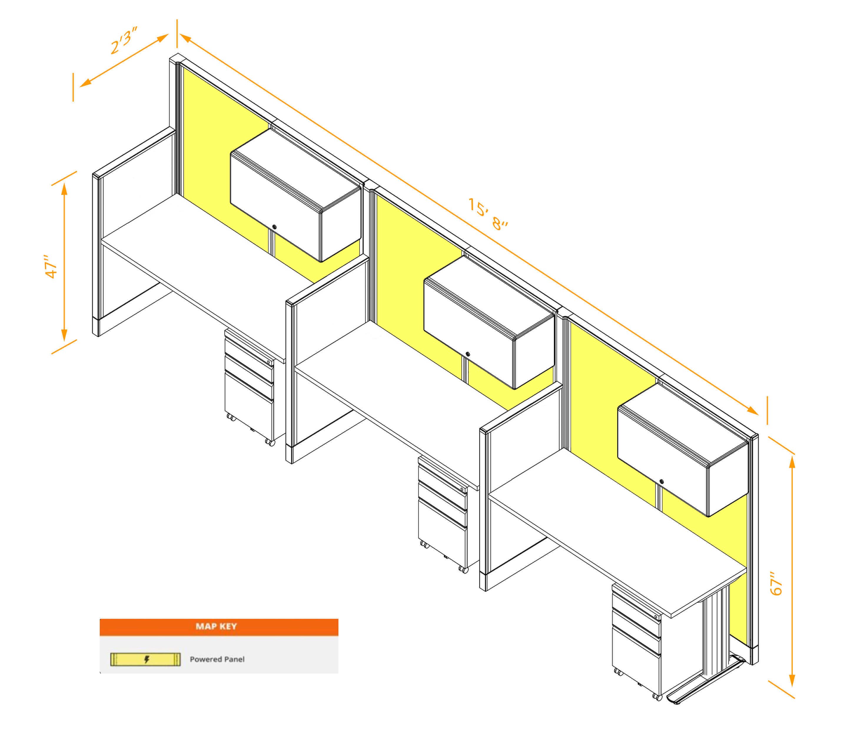 Straight workstations 3pack inline powered with storage dimensions