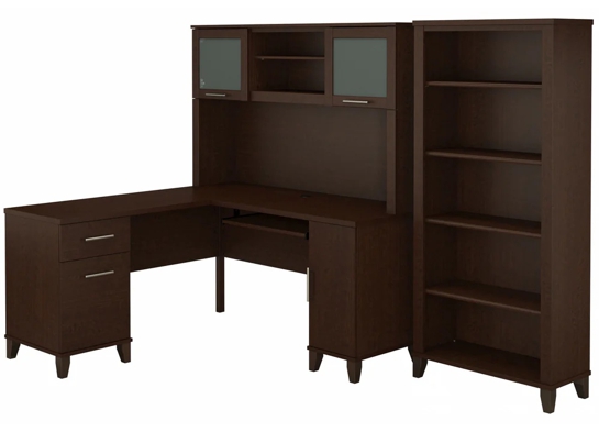 L shaped computer desk with 5 shelf bookcase 60 W highlight mocha cherry L shaped computer desk with 5 shelf bookcase 60 W highlight mocha cherry