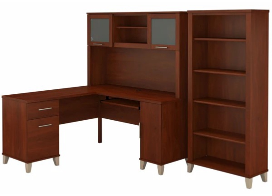 L shaped computer desk with 5 shelf bookcase 60W highlight hansen cherry L shaped computer desk with 5 shelf bookcase 60W highlight hansen cherry