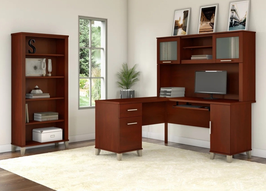 L shaped computer desk with 5 shelf bookcase 60W space view hansen cherry L shaped computer desk with 5 shelf bookcase 60W space view hansen cherry