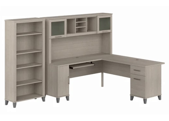 L shaped computer desk with 5 shelf bookcase 72 w highlight view sand oak