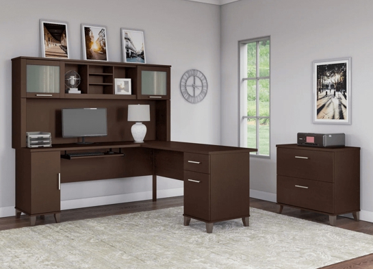 L shaped computer desk with traditional file cabinet 72 w space view mocha cherry 2