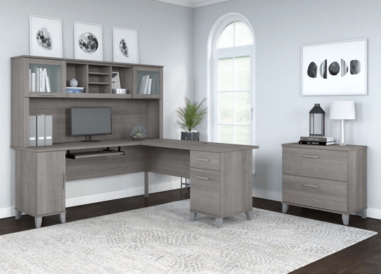L shaped computer desk with traditional file cabinet 72 w space view platinum gray 2