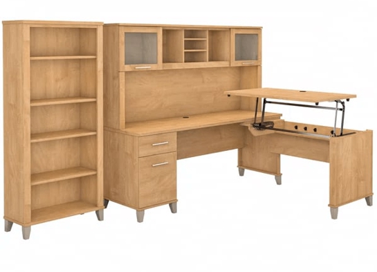 Modern office standing desk with 5 shelf bookcase highlight view maple cross Modern office standing desk with 5 shelf bookcase highlight view maple cross