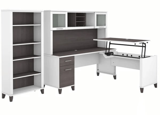 Modern office standing desk with 5 shelf bookcase highlight view storm gray white Modern office standing desk with 5 shelf bookcase highlight view storm gray white