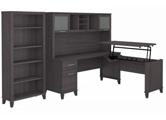 Modern office standing desk with 5 shelf bookcase highlight view storm gray Modern office standing desk with 5 shelf bookcase highlight view storm gray