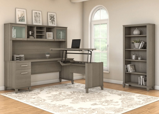 Modern office standing desk with 5 shelf bookcase space view ash gray Modern office standing desk with 5 shelf bookcase space view ash gray