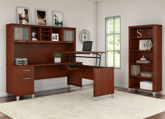 Modern office standing desk with 5 shelf bookcase space view hansen cherry Modern office standing desk with 5 shelf bookcase space view hansen cherry