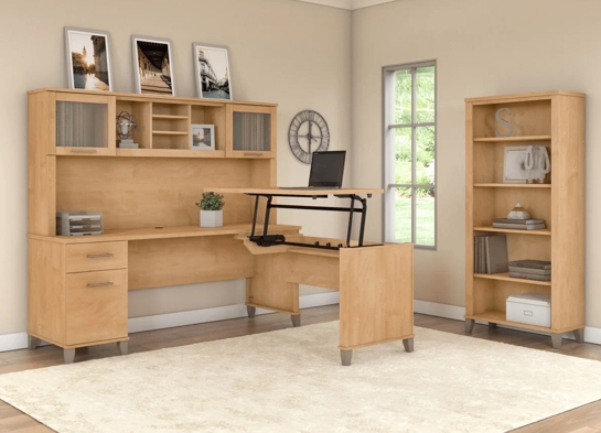 Modern office standing desk with 5 shelf bookcase space view maple cross Modern office standing desk with 5 shelf bookcase space view maple cross