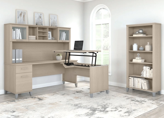 Modern office standing desk with 5 shelf bookcase space view sand oak Modern office standing desk with 5 shelf bookcase space view sand oak