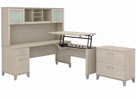 Sit and stand desk sit and stand corner desk standing desk with storage sand oak angle view