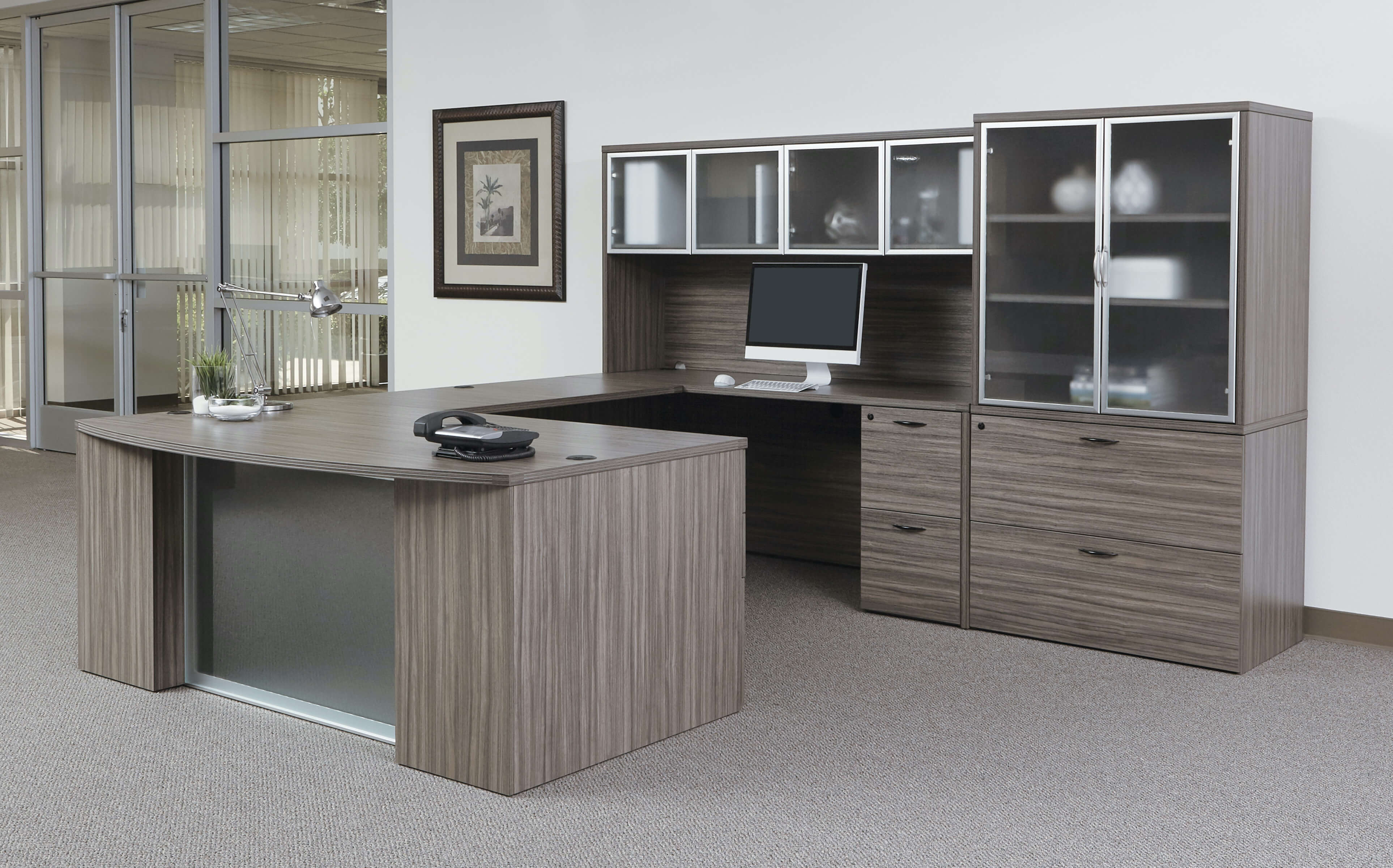 U shaped desk u shaped desk with hutch modern u shaped executive desk urban walnut space view 1