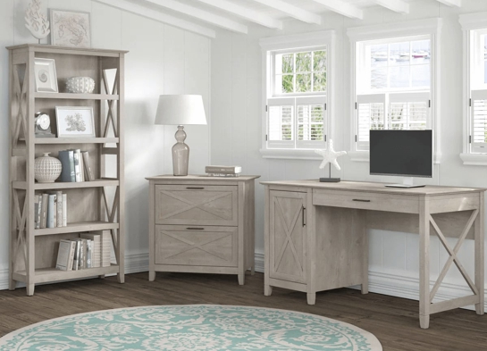 West style desk with drawer file cabinet and 5 shelf bookcase space view washed gray West style desk with drawer file cabinet and 5 shelf bookcase space view washed gray