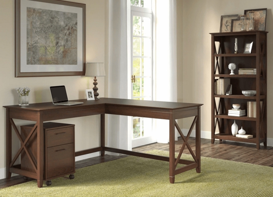 Western l shaped desk with 5 shelf wooden bookcase space view bing cherry