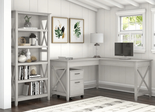 Western l shaped desk with 5 shelf wooden bookcase space view linen white oak