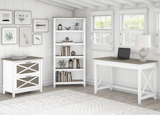 Western style desk with drawer lateral file cabinet and 5 shelf bookcase space view shiplap