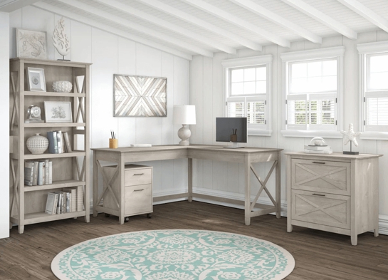 Western style office desk 5 shelf open bookcase space view washed gray